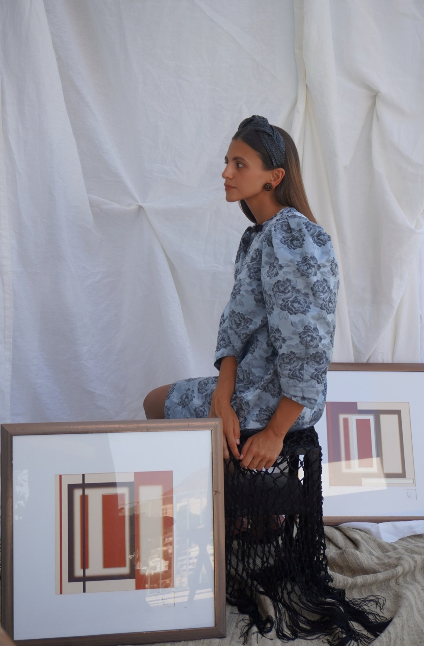 GANNI. Vestido mini azul jacquard floral