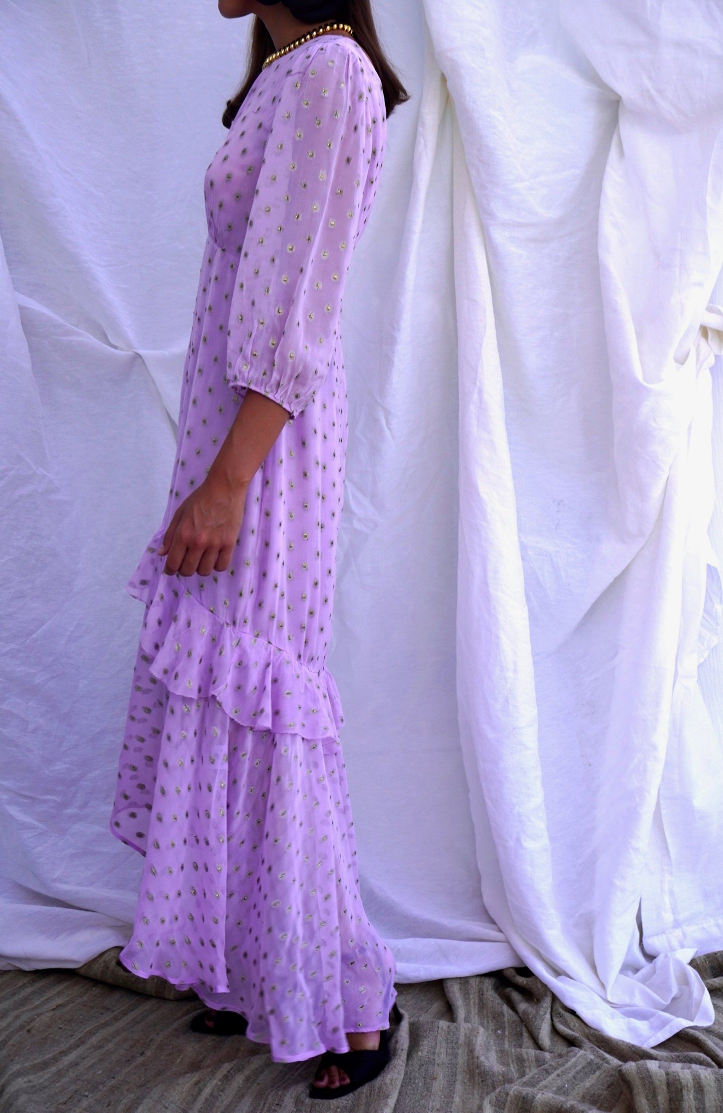 RIXO. Vestido midi lila en gasa fil coupé