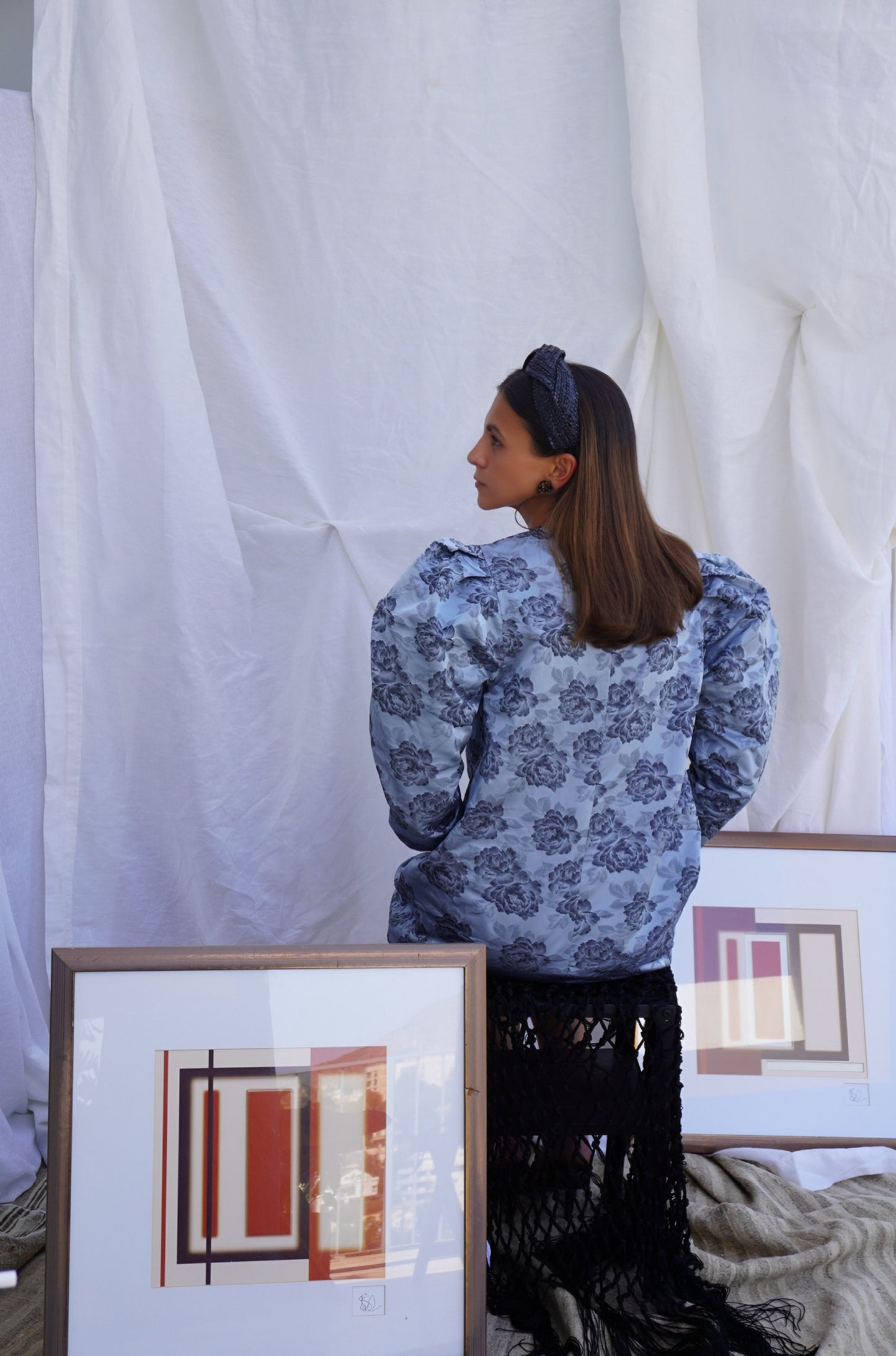 GANNI. Vestido mini azul jacquard floral