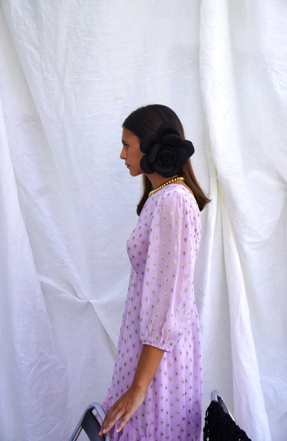 RIXO. Vestido midi lila en gasa fil coupé