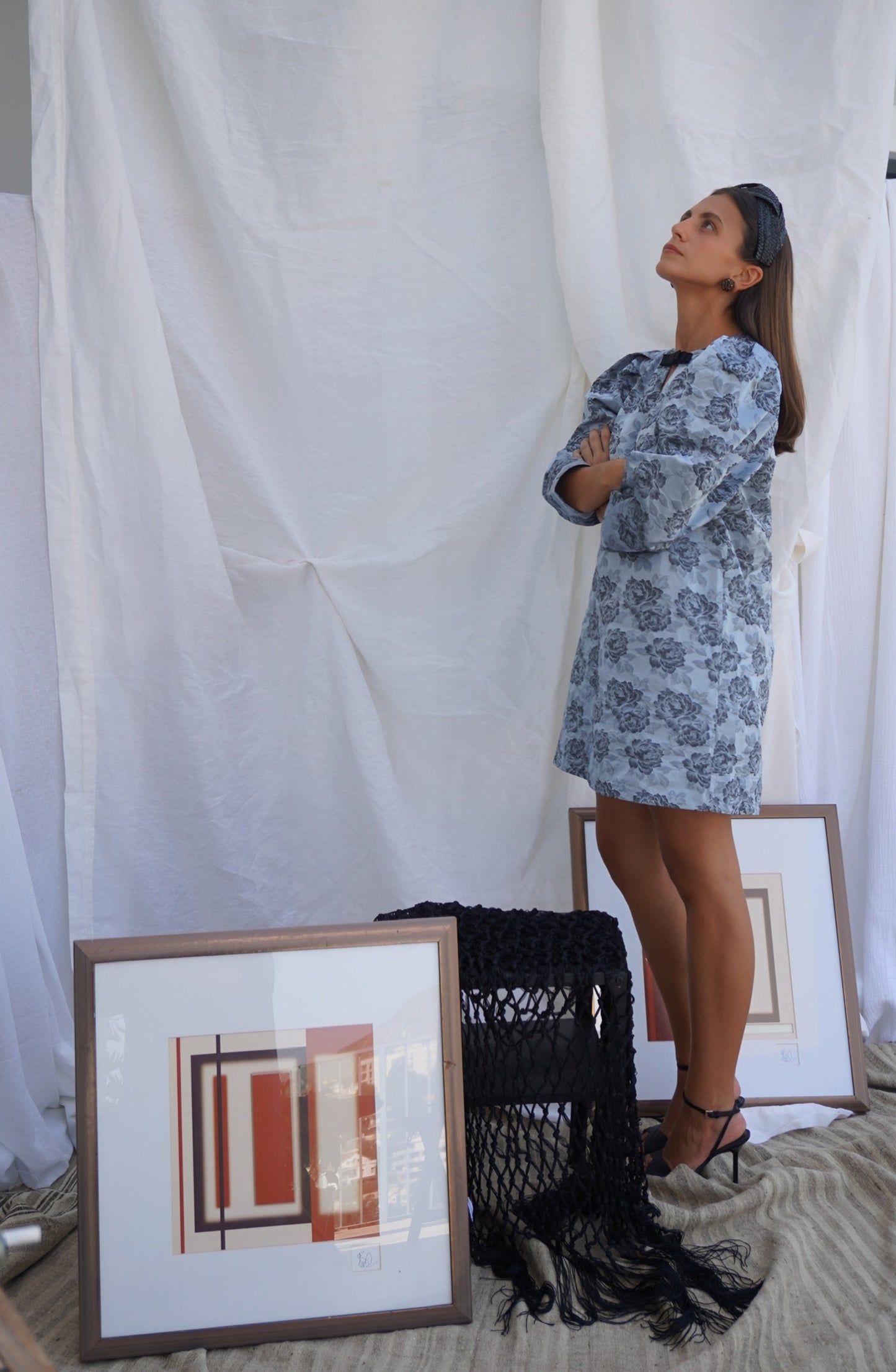 GANNI. Vestido mini azul jacquard floral