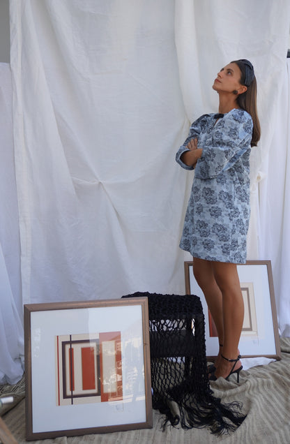 GANNI. Vestido mini azul jacquard floral