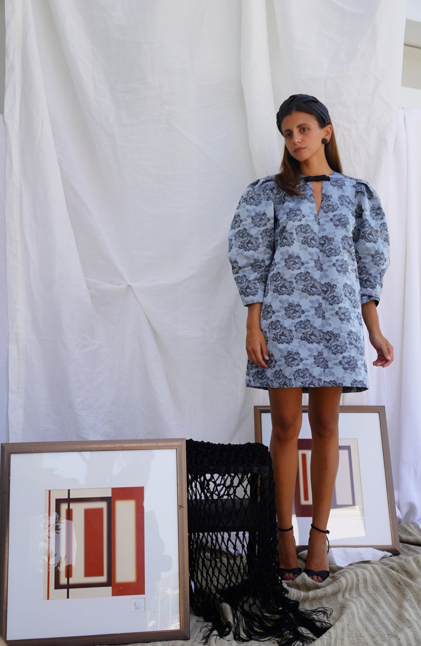 GANNI. Vestido mini azul jacquard floral