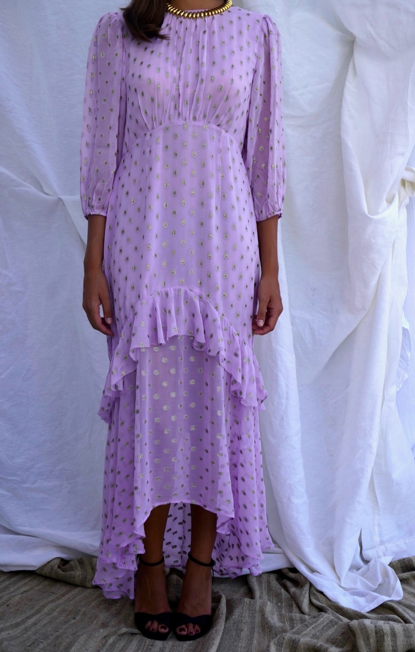 RIXO. Vestido midi lila en gasa fil coupé