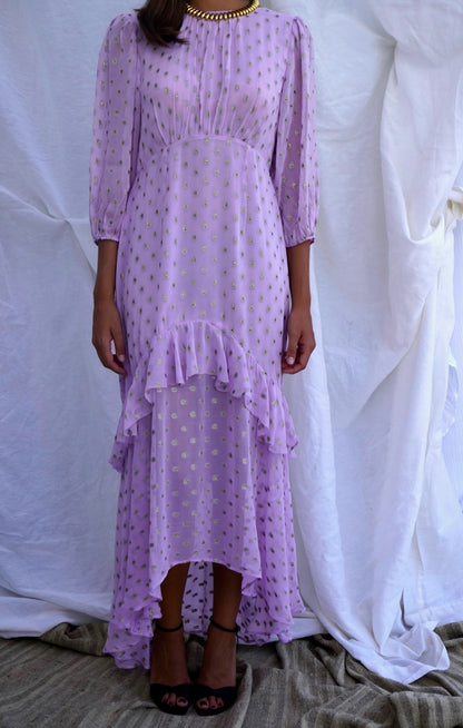 RIXO. Vestido midi lila en gasa fil coupé