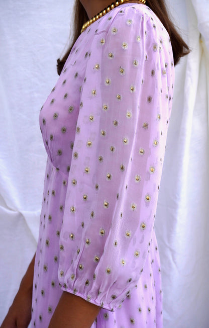 RIXO. Vestido midi lila en gasa fil coupé