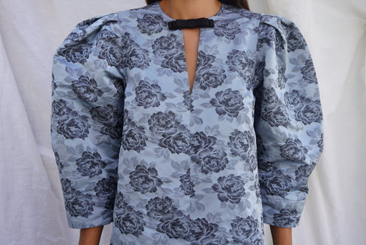 GANNI. Vestido mini azul jacquard floral