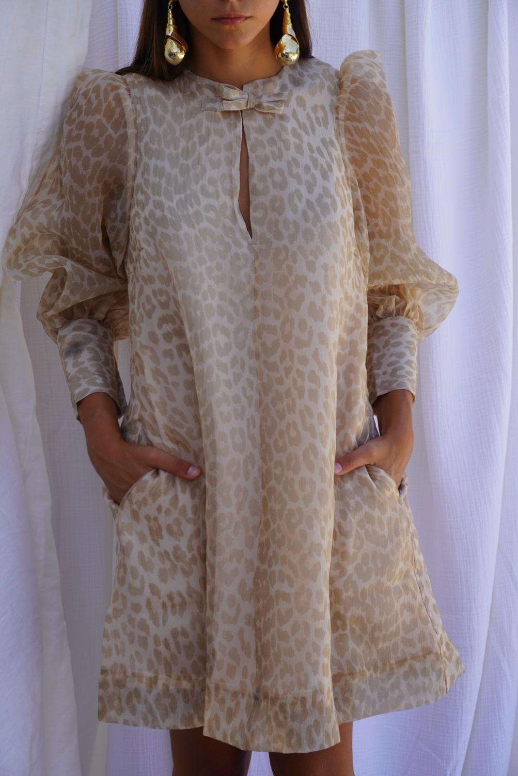GANNI. Vestido mini de organza leopardo